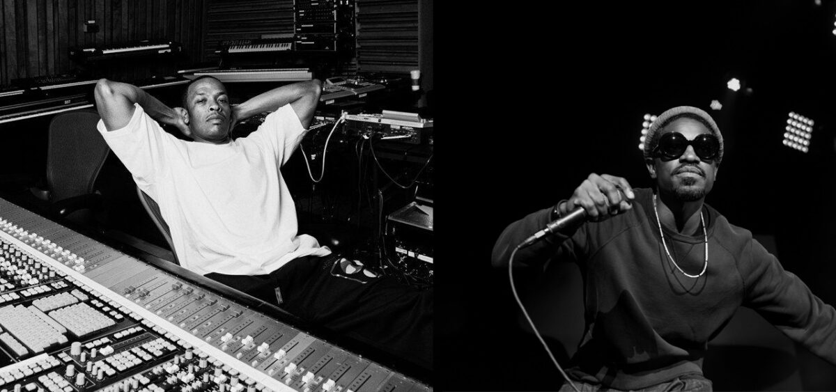 Dr. Dre in the studio and Andre 3000 on the mic